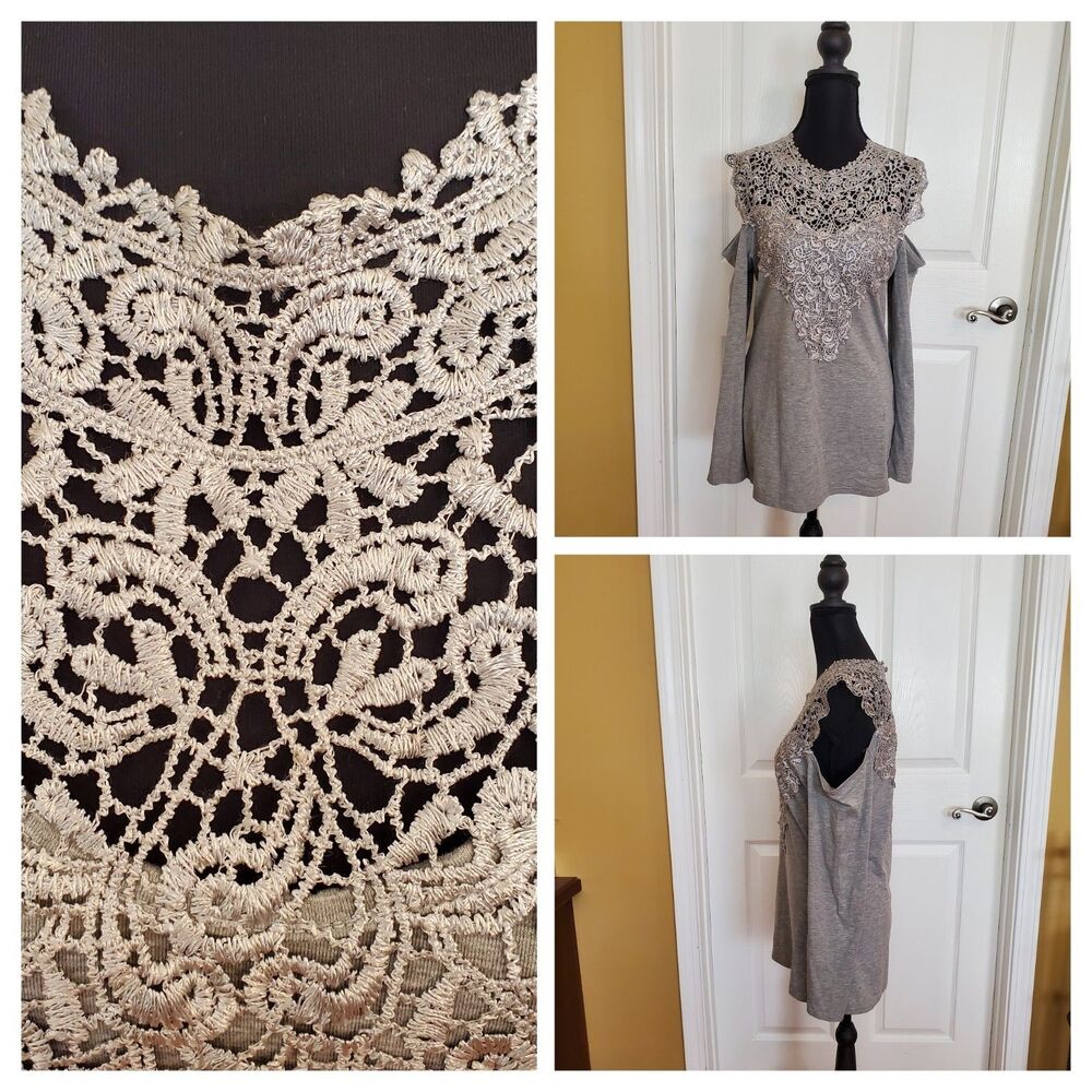 YOINS Gray Lace Cold Shoulder Sexy Long Sleeve Top Women's Size LARGE